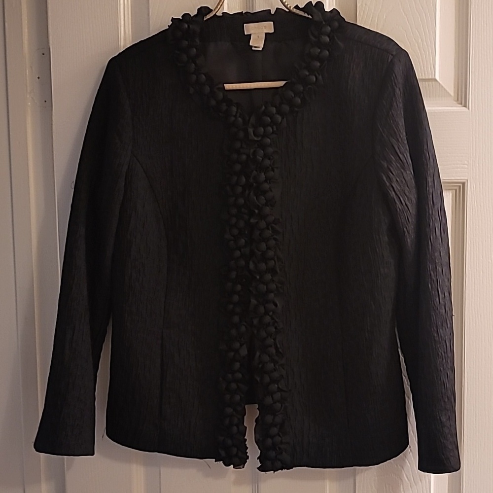 Chico's Black Textured Jacket with Unique Popcorn Ruffled Trim Sz Med 8